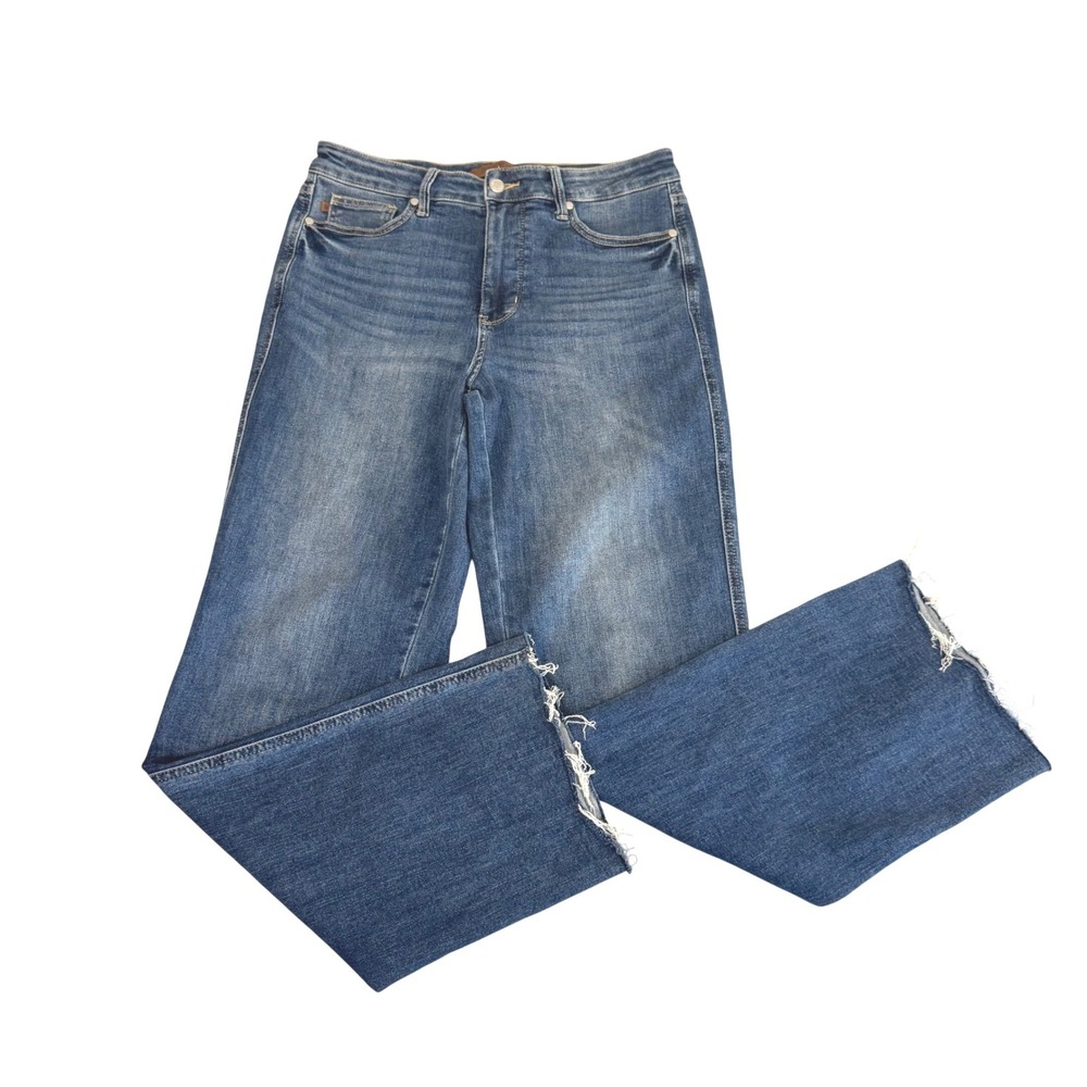 Judy Blue Straight Fit Jeans Sz 11/30 Raw Hem High Rise Soft Classic Blue Denim - Picture 1 of 10